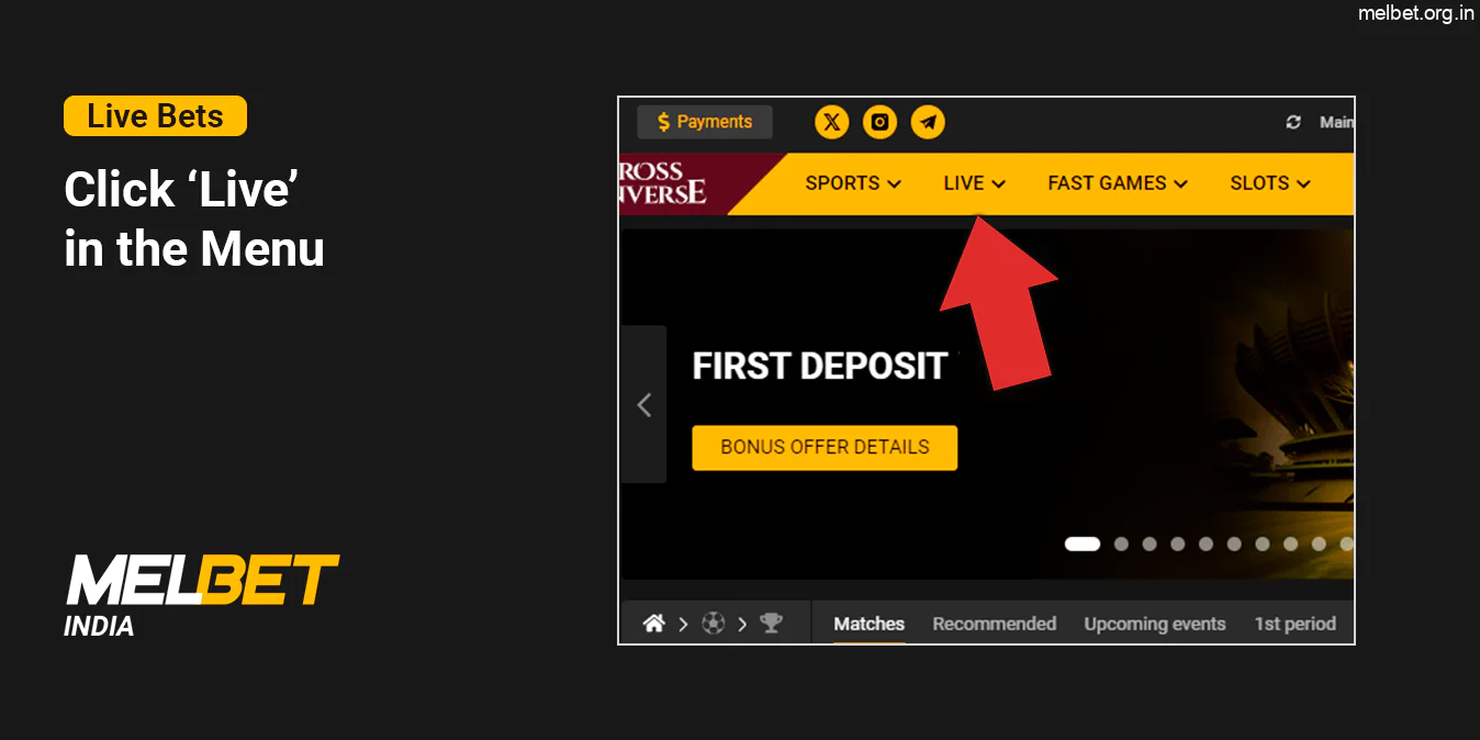 Go to Live Betting section using top menu - Melbet India