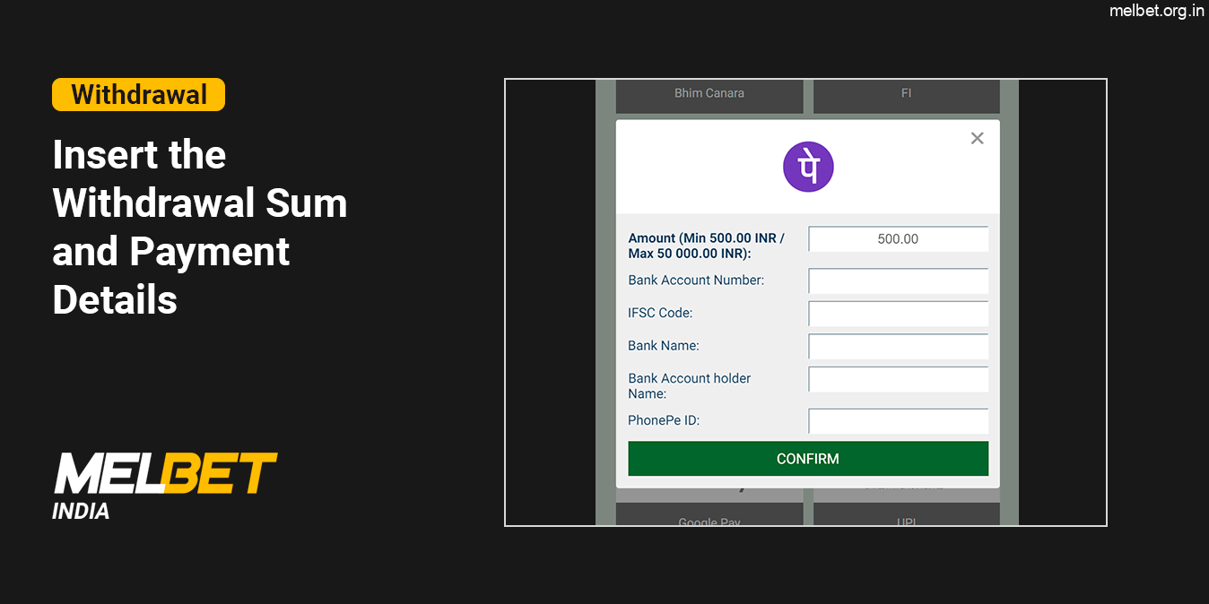 Insert the Withdrawal Sum and Other Payment Info - Melbet
